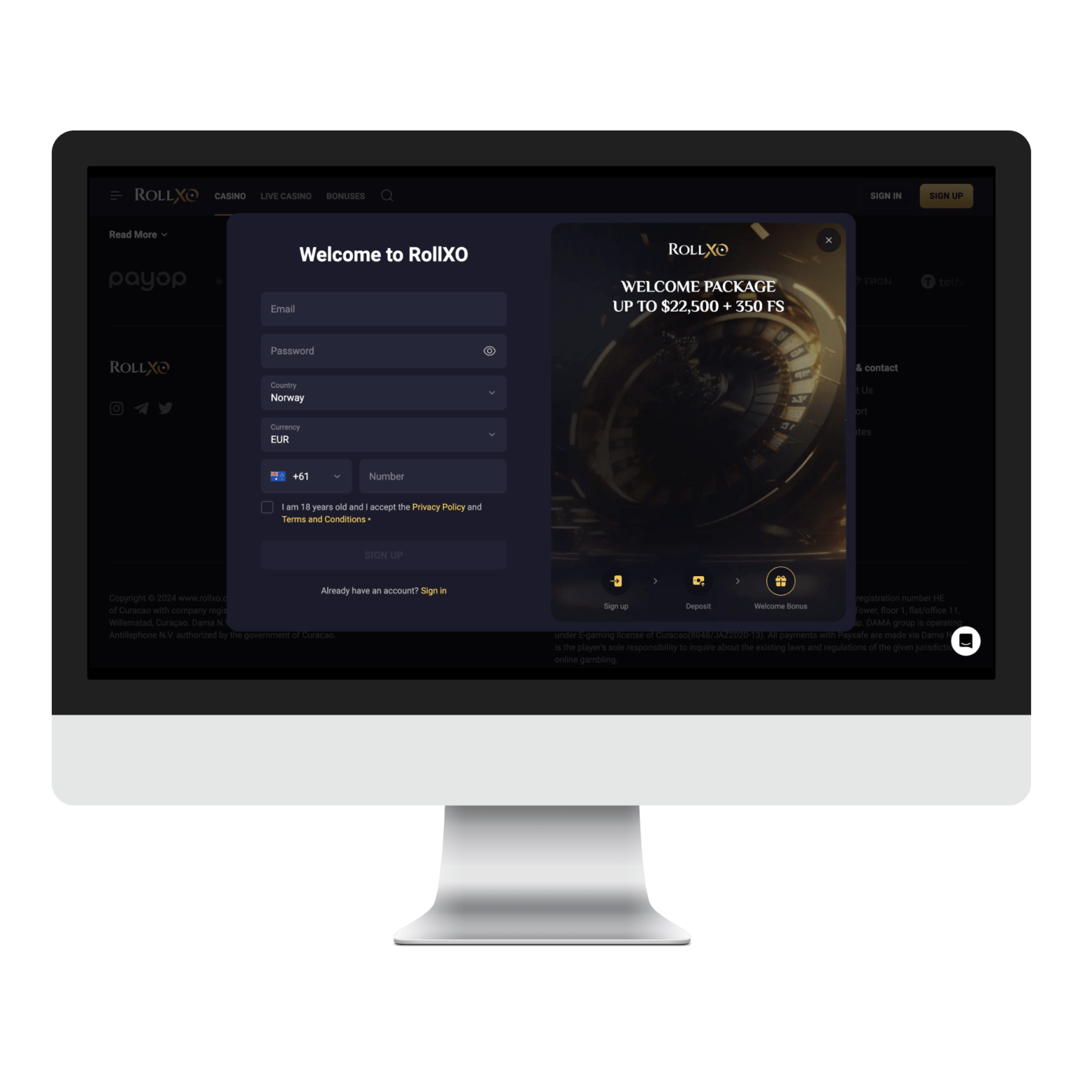 Rollxo Casino login page interface on desktop and mobile showing the entry fields for username/email and password.